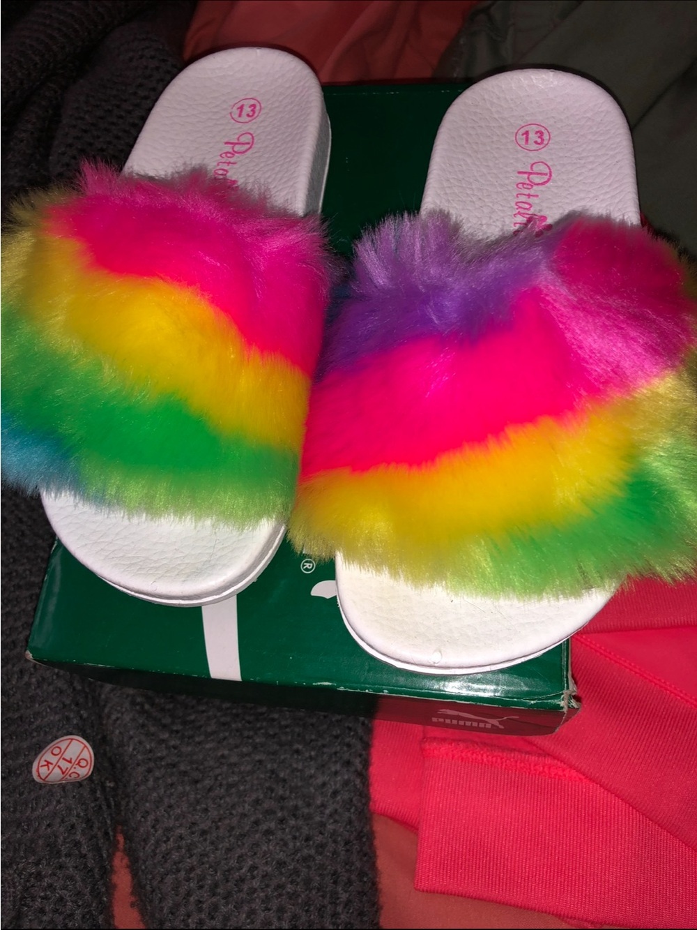 Rainbow Fuzzy Slide Sandals - Multicolor Faux Fur